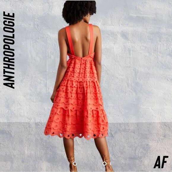 ANTHROPOLOGIE EYELET RUFFLED HALTER TOP MIDI DRESS IN CORAL BLUSH NEW SIZE 8 - Picture 4 of 7
